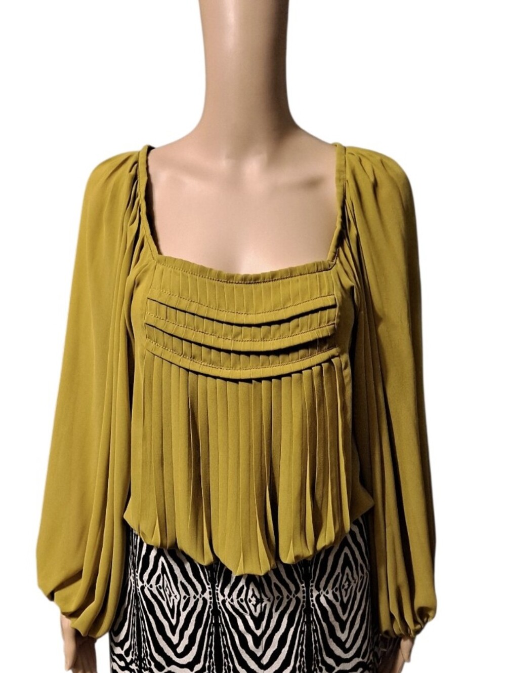 Studio M Semi Sheer Mustard Pleated Peasant Blouse With Elastic Cinched Waist